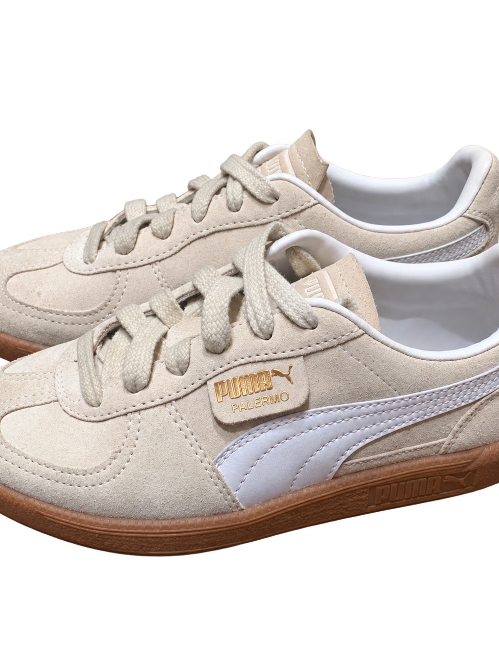 Puma Palermo Suede Sneakers in Beige and White with Gum Sole
